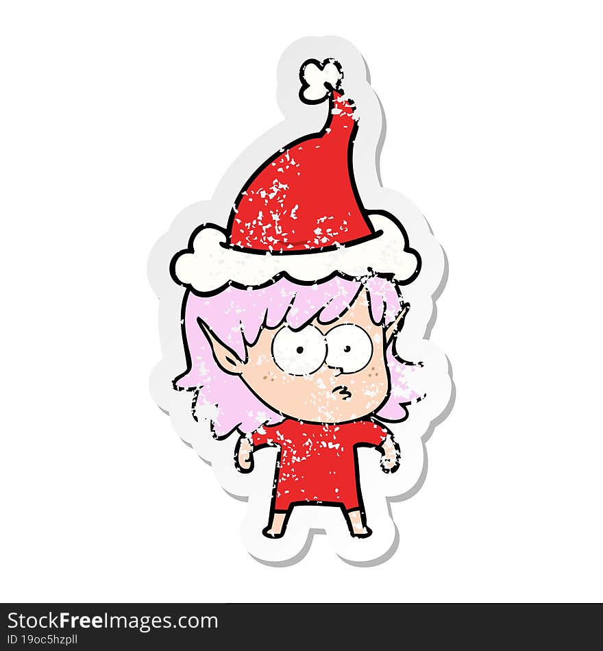 distressed sticker cartoon of a elf girl staring wearing santa hat