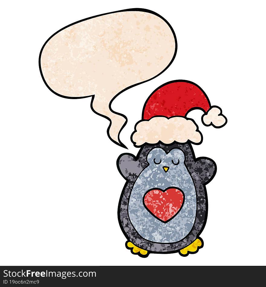 cute christmas penguin and speech bubble in retro texture style