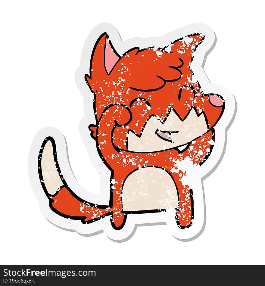 distressed sticker of a happy cartoon fox