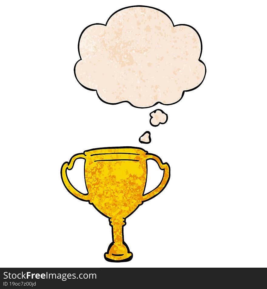 cartoon sports trophy and thought bubble in grunge texture pattern style