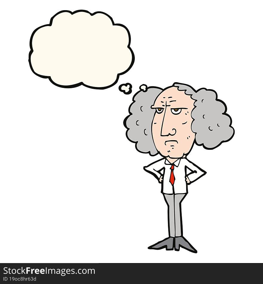 cartoon big hair lecturer man with thought bubble