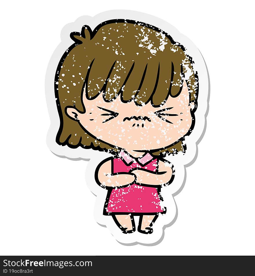 Distressed Sticker Of A Annoyed Cartoon Girl