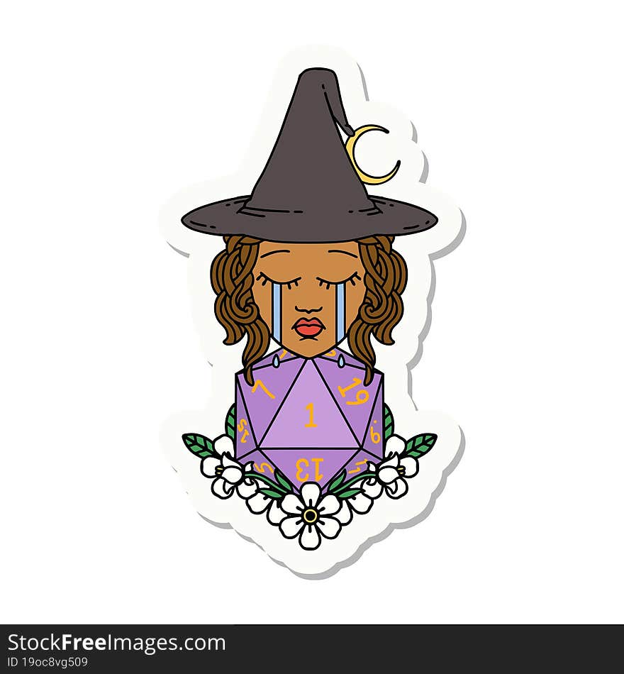 sticker of a crying human witch with natural one D20 dice roll. sticker of a crying human witch with natural one D20 dice roll