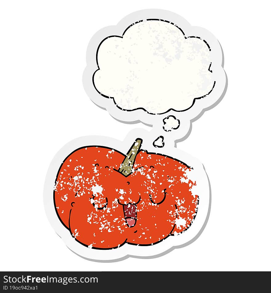 cartoon pumpkin and thought bubble as a distressed worn sticker