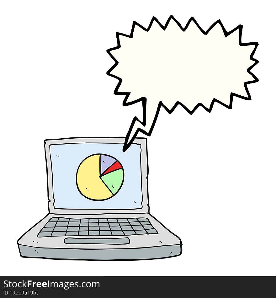 freehand drawn speech bubble cartoon laptop computer with pie chart