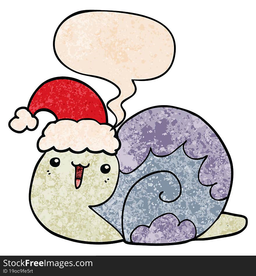 cute cartoon christmas snail and speech bubble in retro texture style