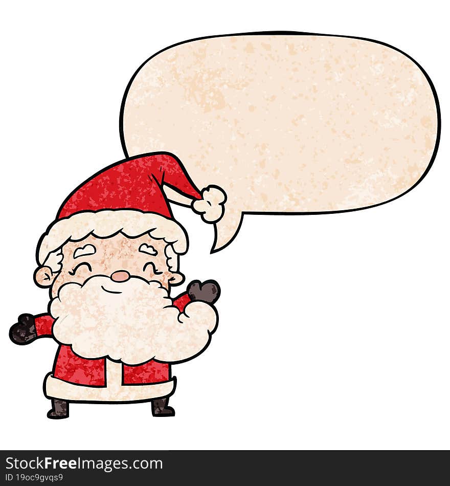 cartoon santa claus and speech bubble in retro texture style