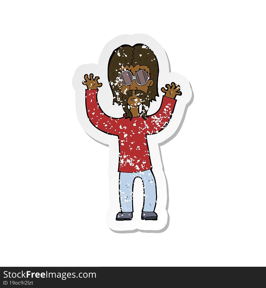 retro distressed sticker of a cartoon hippie man waving arms