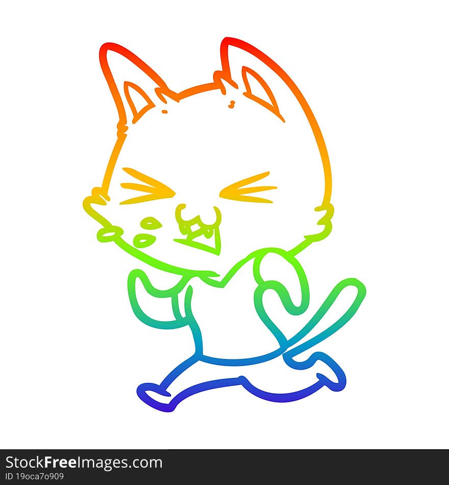 Rainbow Gradient Line Drawing Cartoon Running Cat Hissing