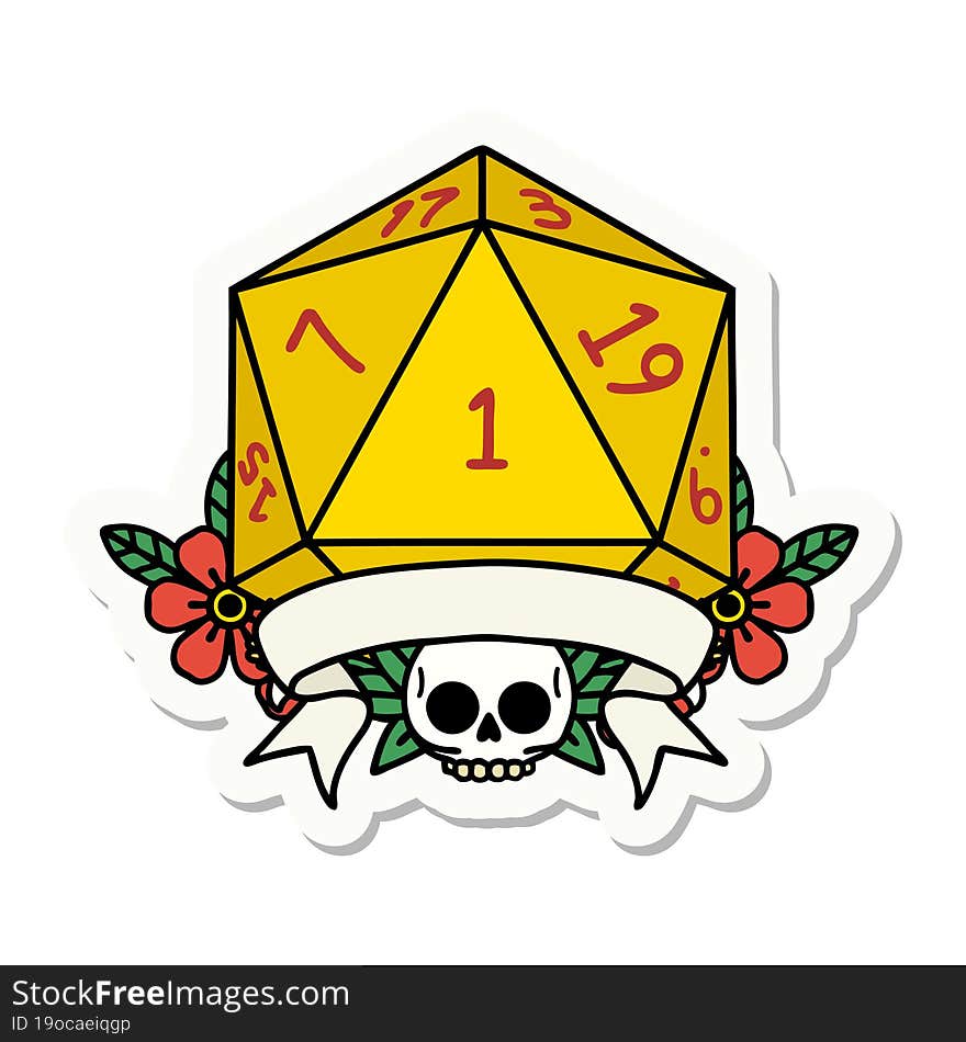 sticker of a natural one d20 dice roll. sticker of a natural one d20 dice roll