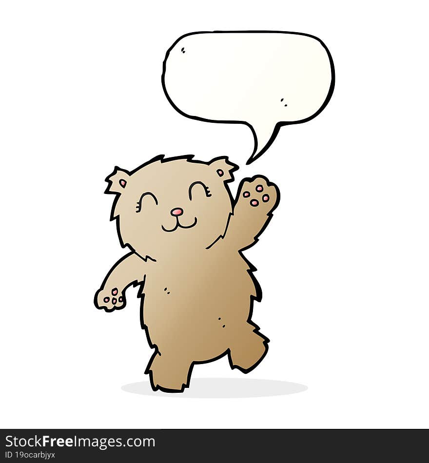 cartoon waving teddy bear with speech bubble