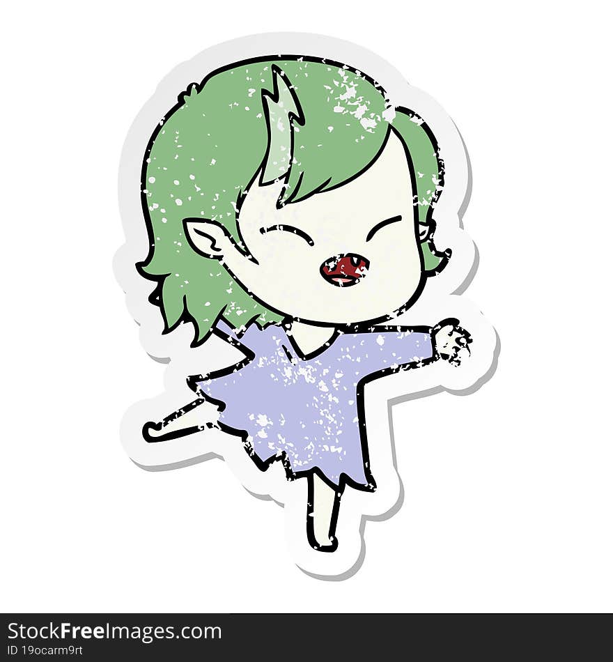 distressed sticker of a cartoon laughing vampire girl