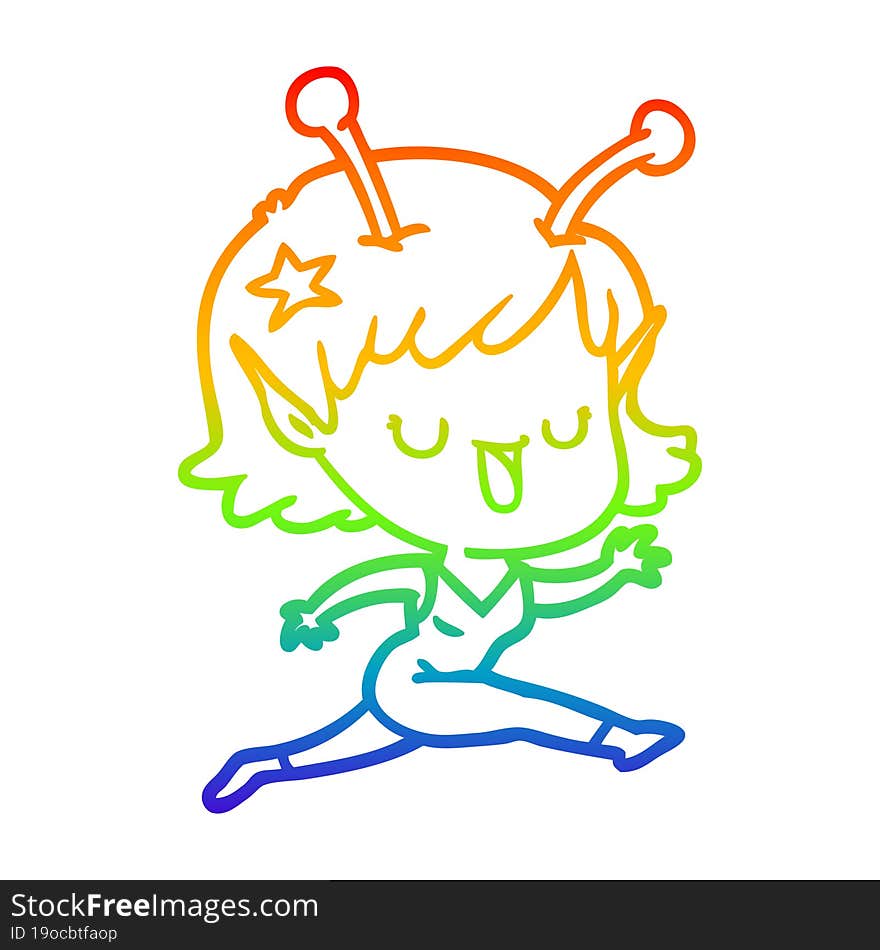 rainbow gradient line drawing of a happy alien girl cartoon laughing