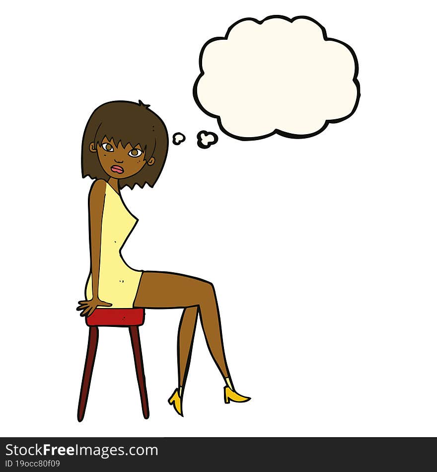 cartoon woman sitting on stool with thought bubble