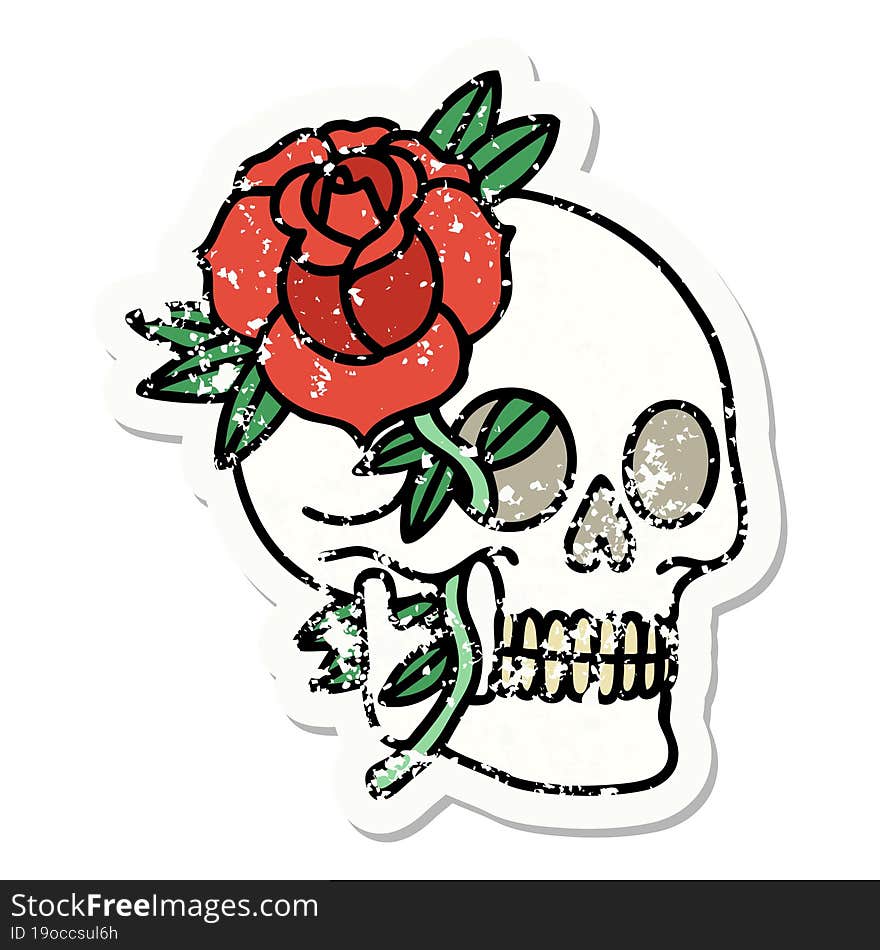 traditional distressed sticker tattoo of a skull and rose