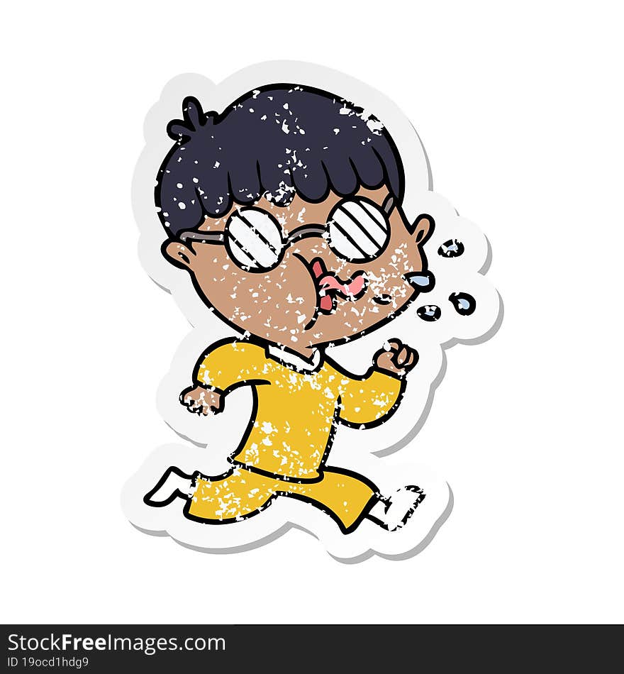 Distressed Sticker Of A Cartoon Boy Wearing Spectacles And Running