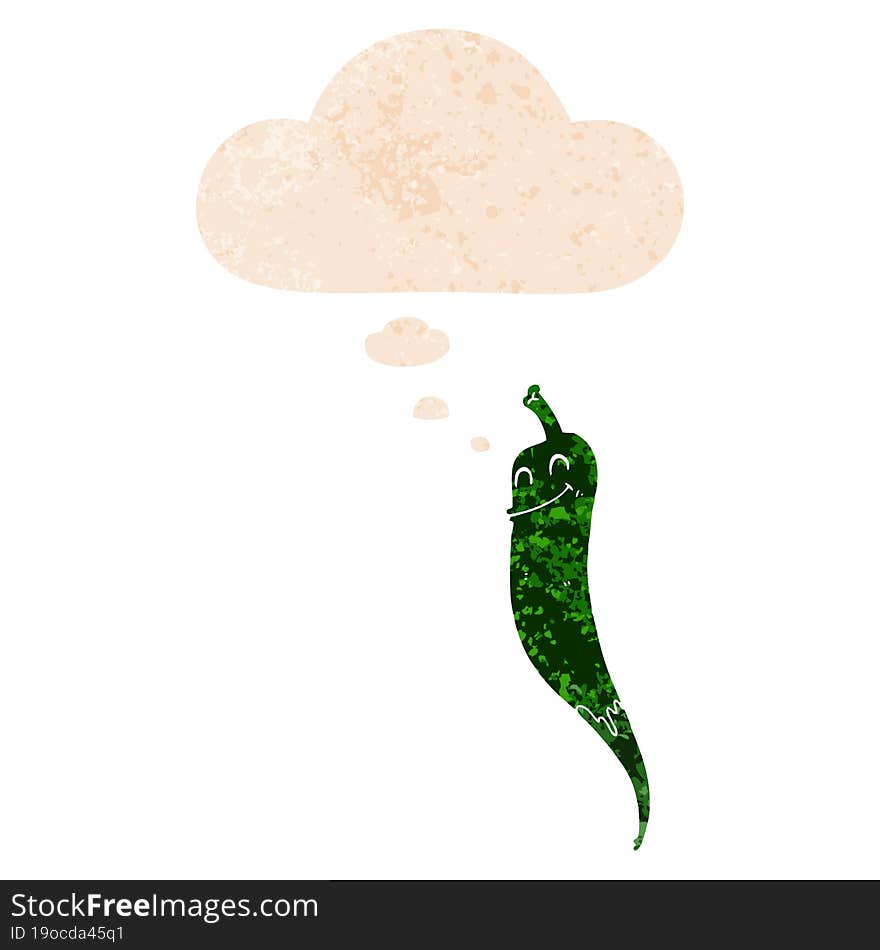 Cartoon Chili Pepper And Thought Bubble In Retro Textured Style