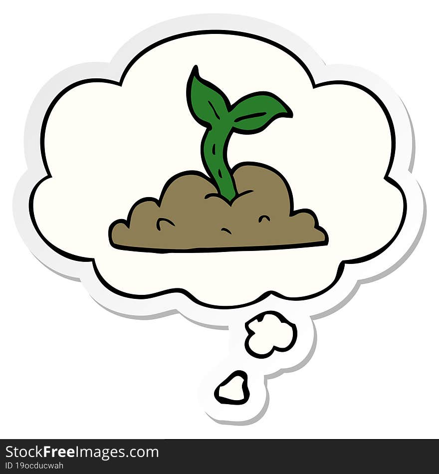 cartoon growing seedling and thought bubble as a printed sticker