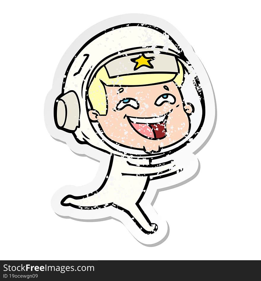 distressed sticker of a cartoon laughing astronaut