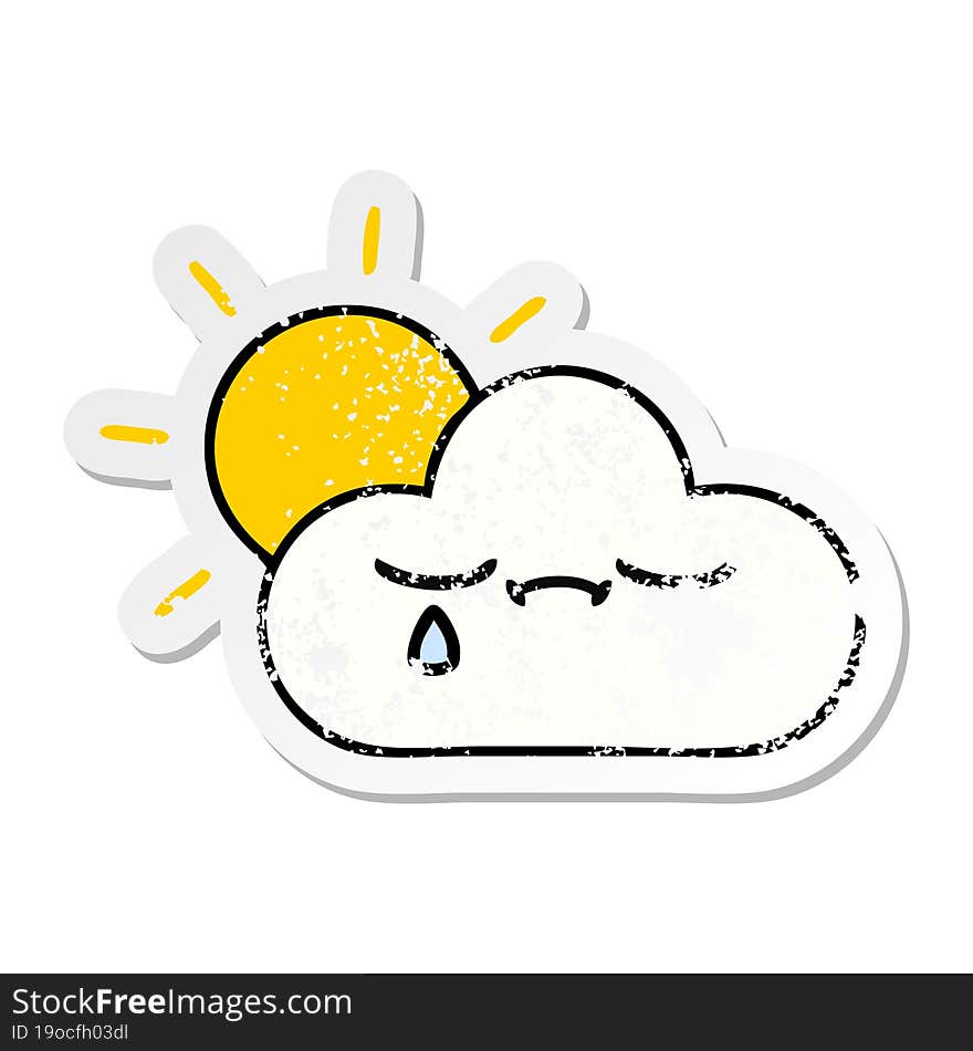 distressed sticker of a cute cartoon sunshine and cloud