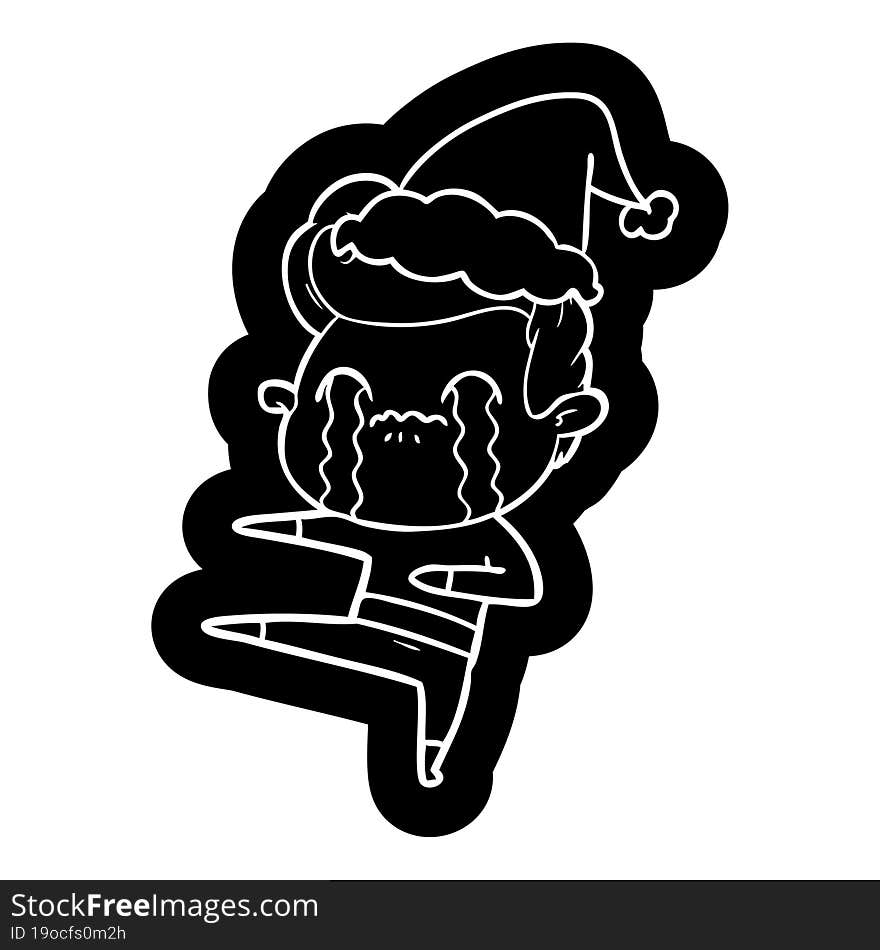 quirky cartoon icon of a man crying wearing santa hat