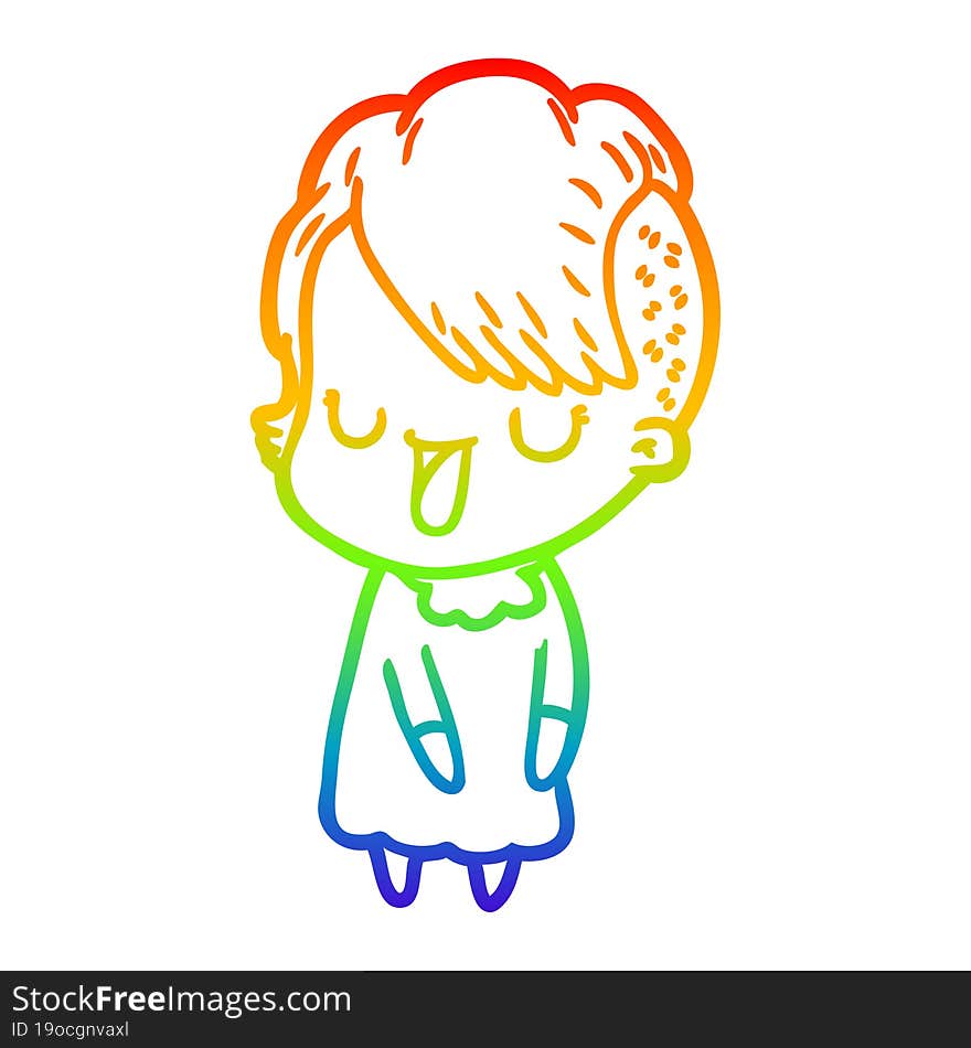 Rainbow Gradient Line Drawing Cute Cartoon Girl With Hipster Haircut