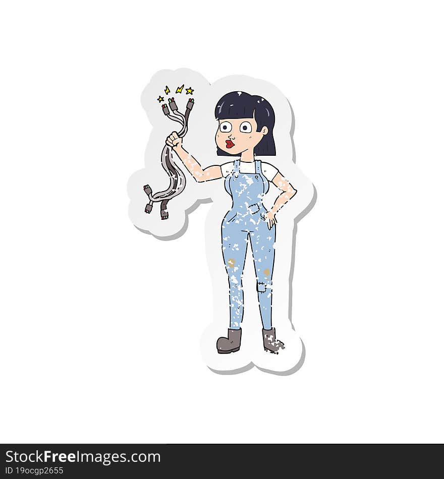 retro distressed sticker of a cartoon female electrician