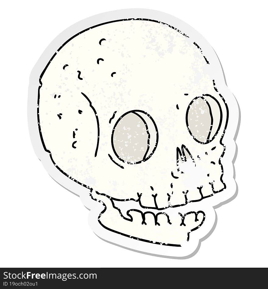 distressed sticker of a quirky hand drawn cartoon skull