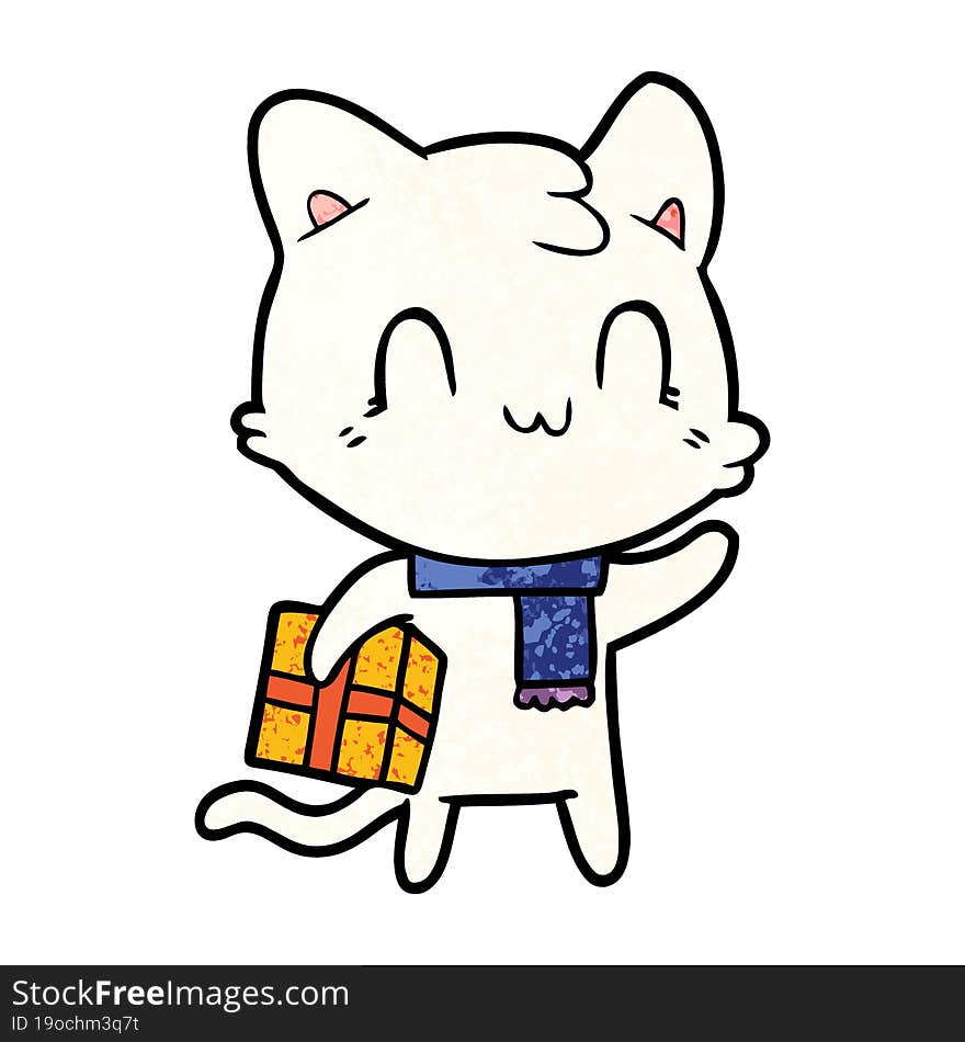 cartoon happy cat wearing scarf. cartoon happy cat wearing scarf