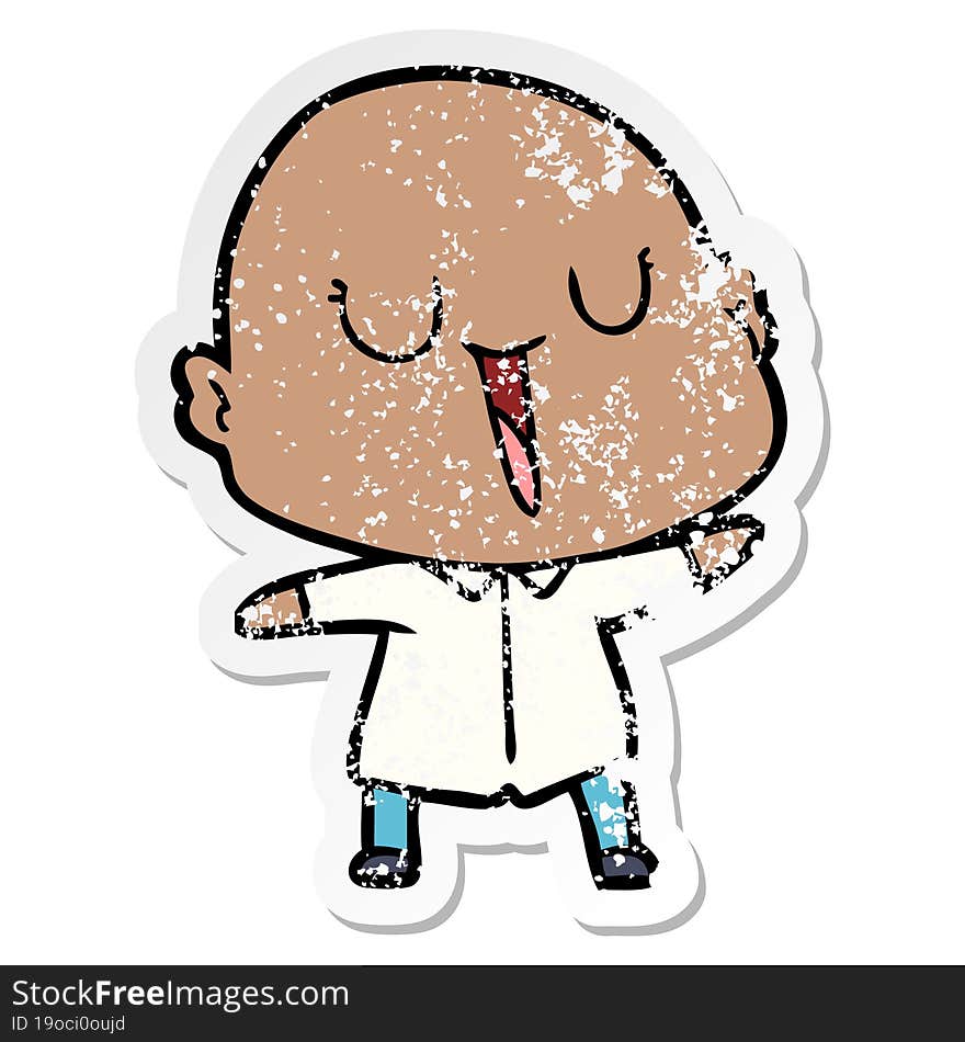 distressed sticker of a happy cartoon bald man