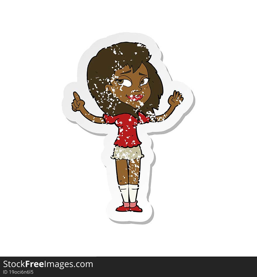 retro distressed sticker of a cartoon woman with idea