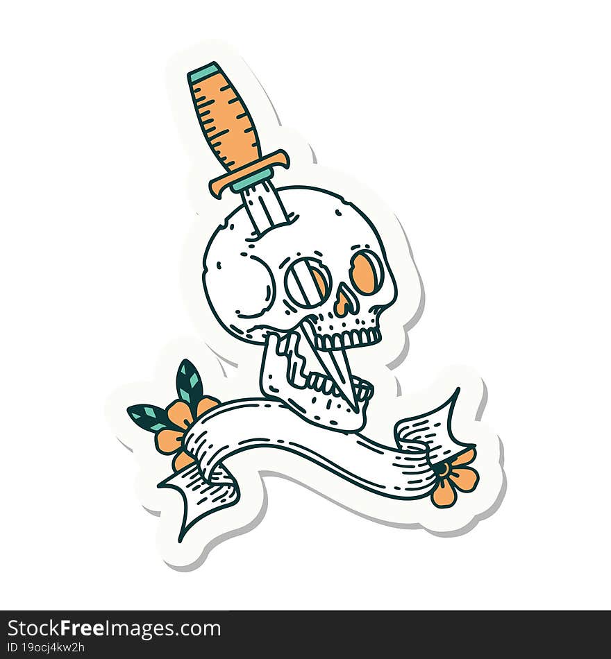 Tattoo Sticker With Banner Of A Skull And Dagger