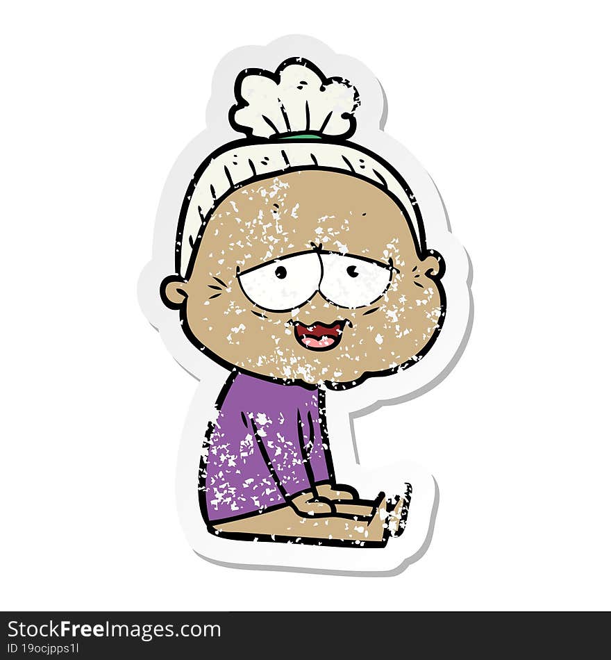 Distressed Sticker Of A Cartoon Happy Old Lady