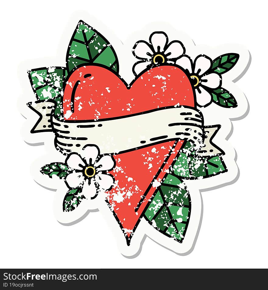 distressed sticker tattoo in traditional style of a heart and banner. distressed sticker tattoo in traditional style of a heart and banner