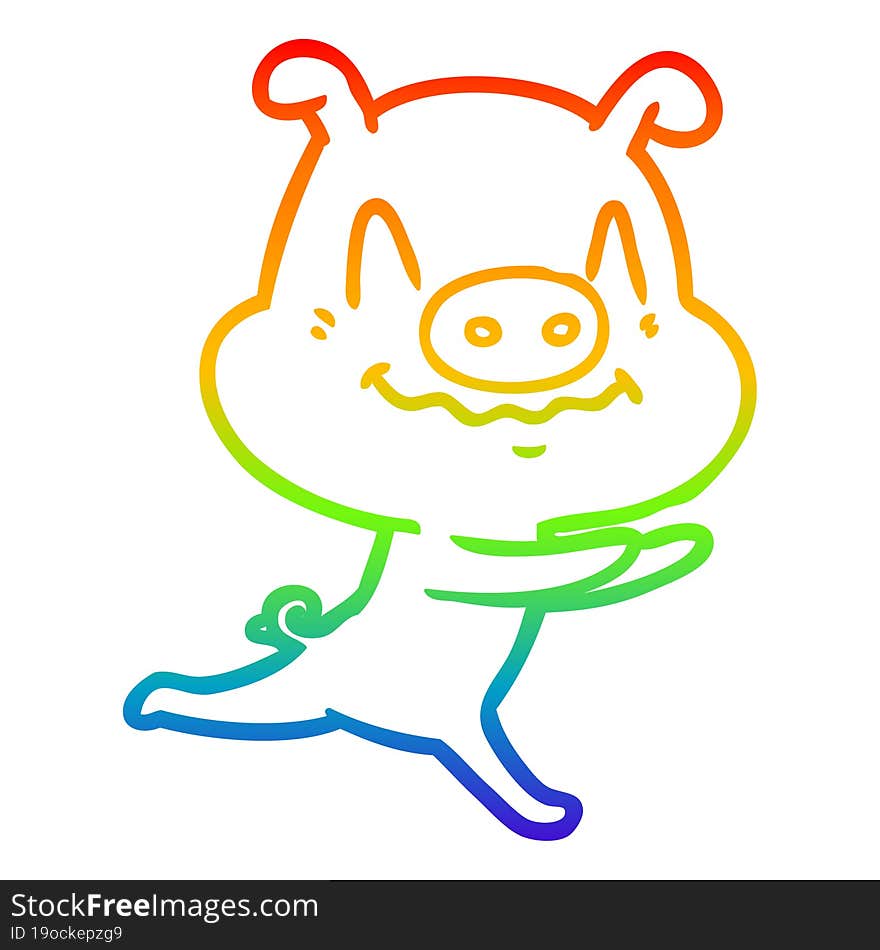 rainbow gradient line drawing of a nervous cartoon pig running