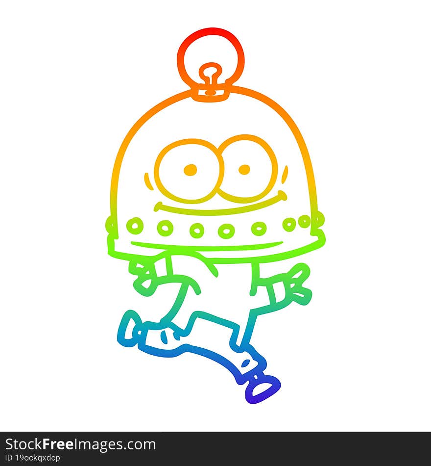 rainbow gradient line drawing of a happy carton robot with light bulb