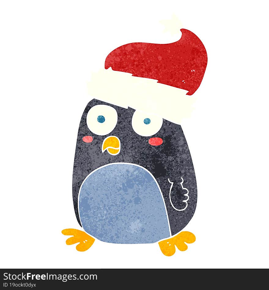 retro cartoon penguin in christmas hat