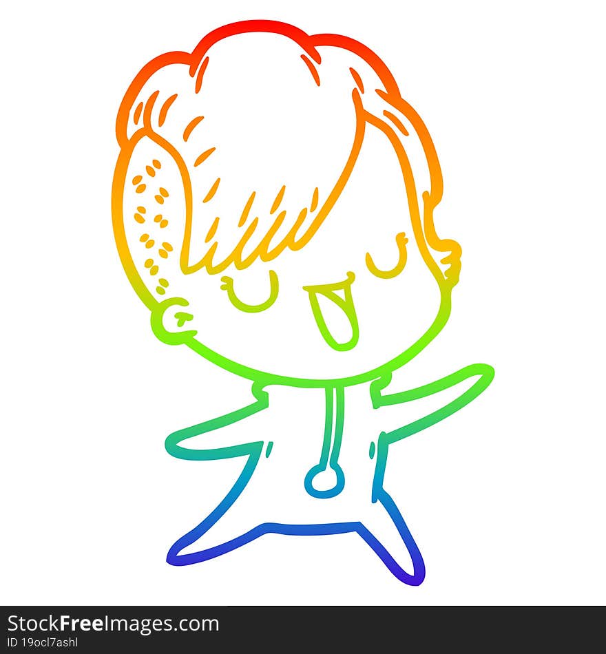 Rainbow Gradient Line Drawing Cute Cartoon Girl With Hipster Haircut