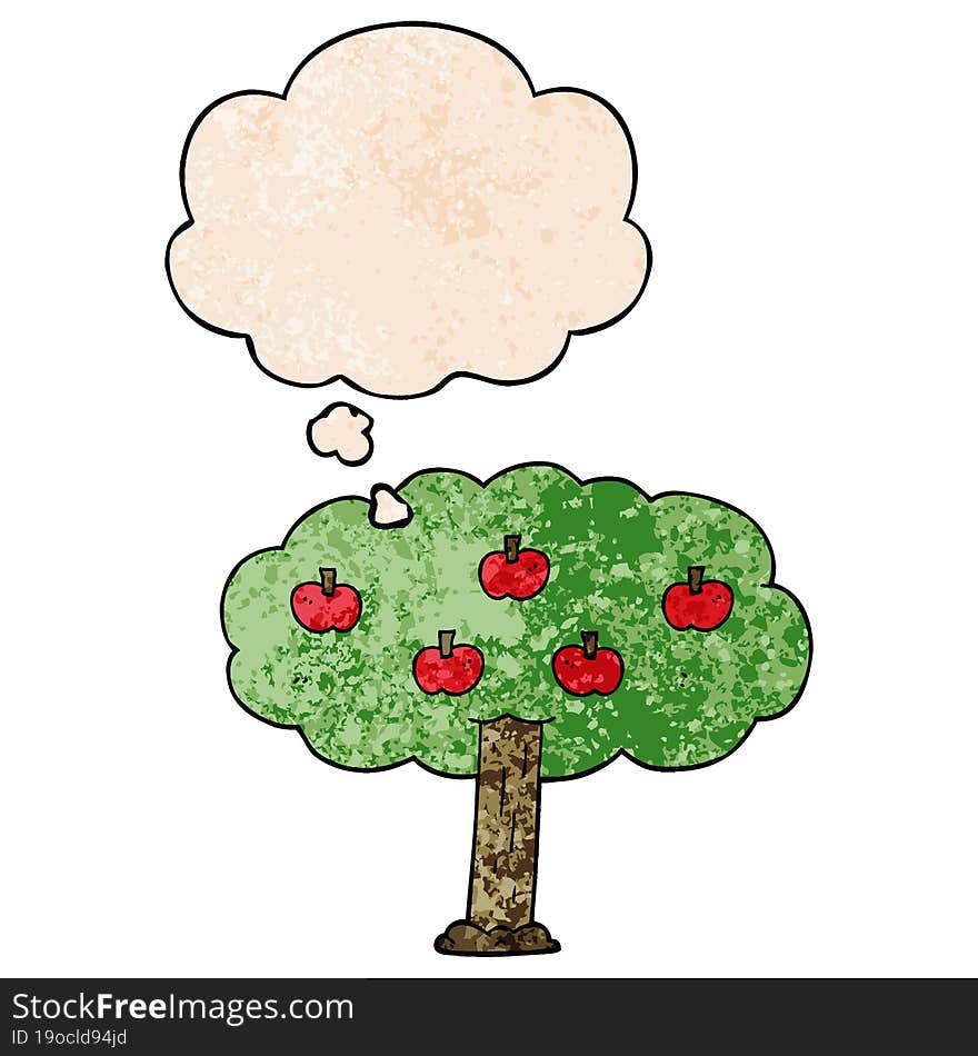 cartoon apple tree and thought bubble in grunge texture pattern style