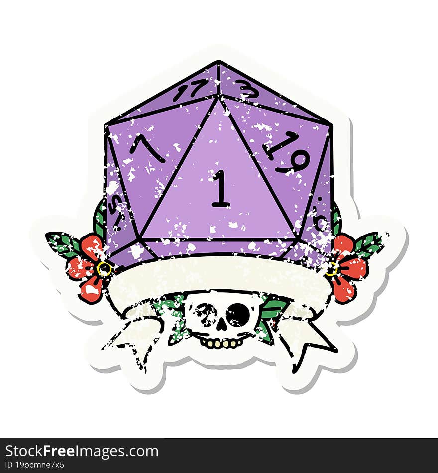 natural one d20 dice roll grunge sticker