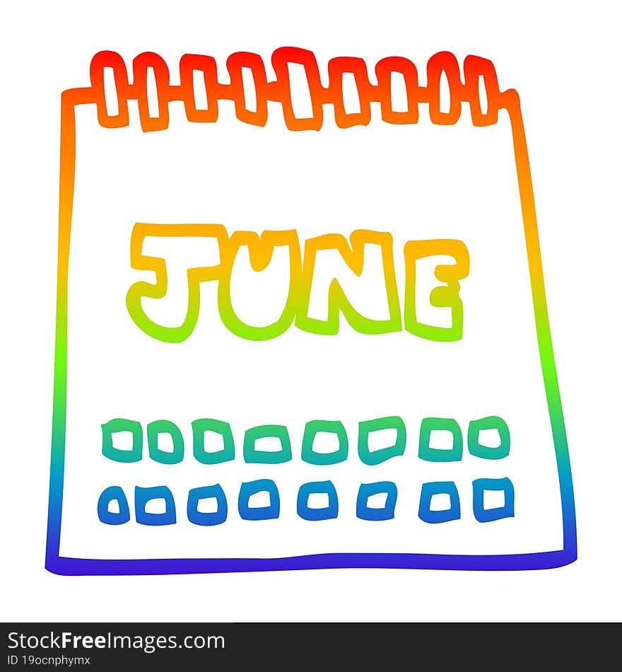 rainbow gradient line drawing cartoon calendar showing month of june