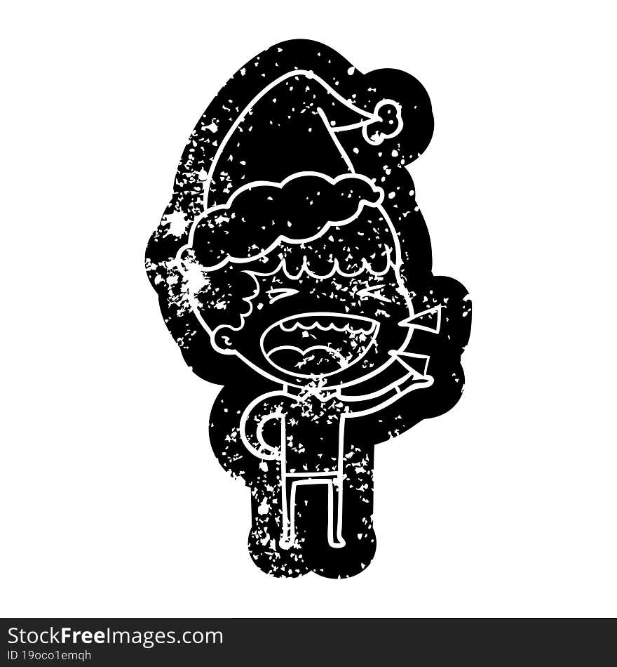 cartoon distressed icon of a laughing man wearing santa hat