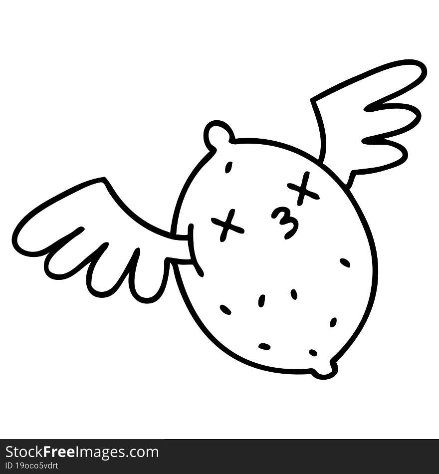 line doodle of a dead lemon flying up to heaven on angel wings