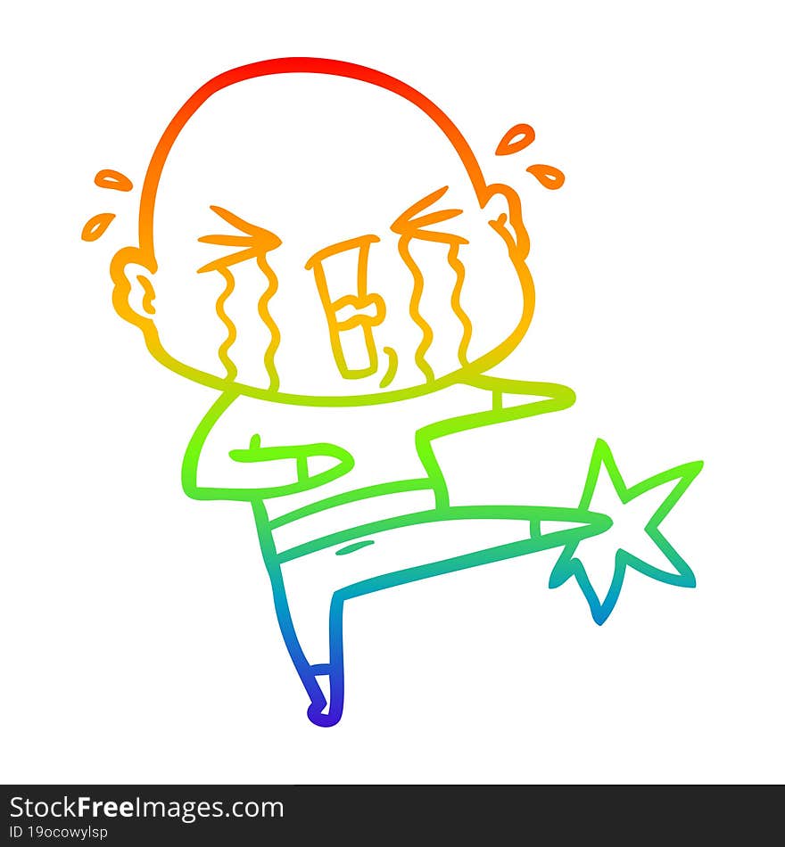 Rainbow Gradient Line Drawing Cartoon Crying Bald Man