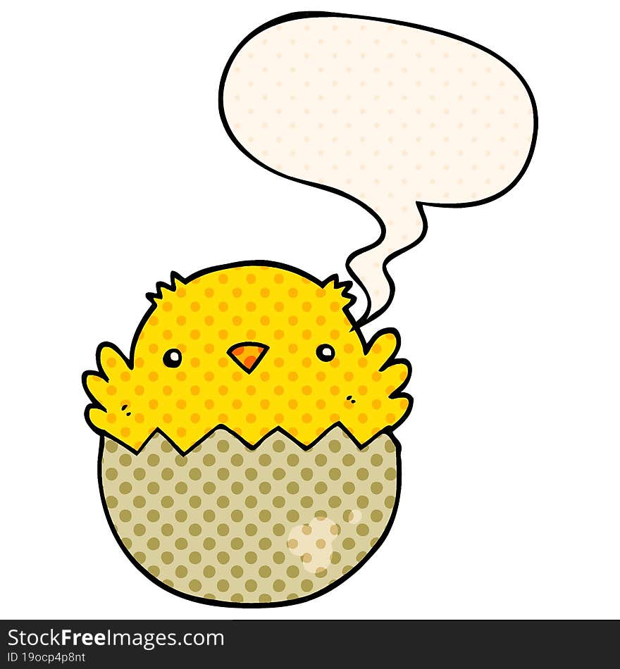 cartoon chick hatching from egg and speech bubble in comic book style