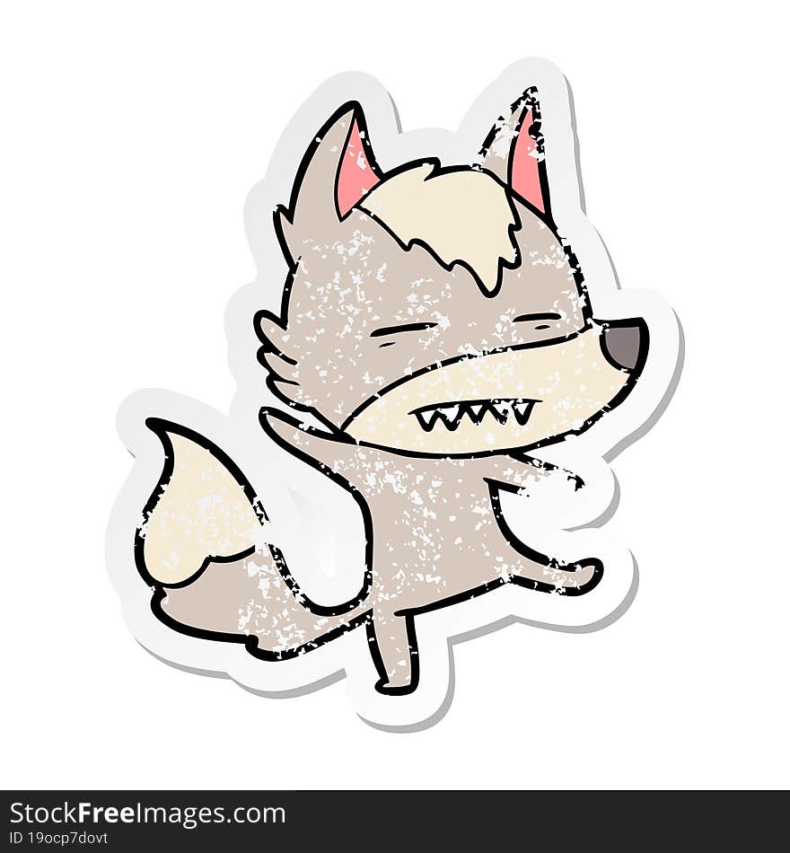 distressed sticker of a cartoon wolf showing teeth