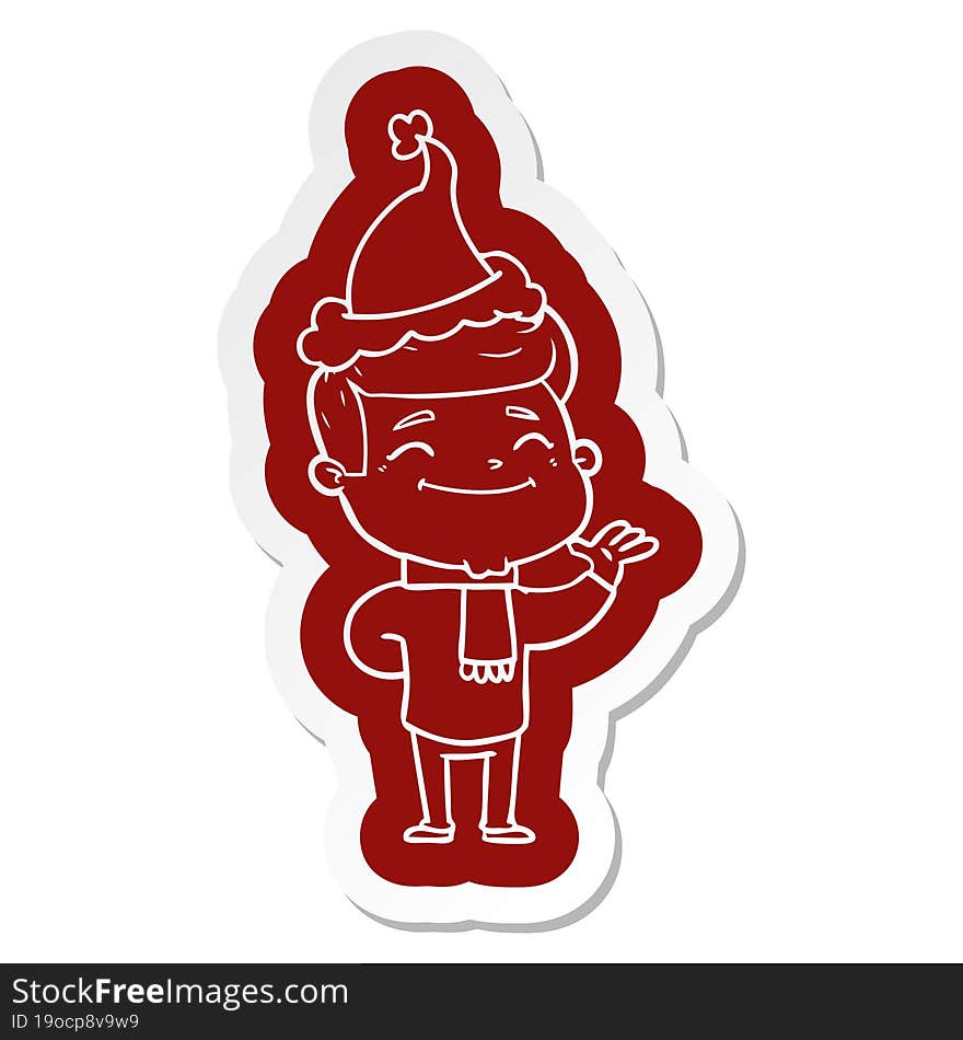 happy quirky cartoon  sticker of a man wearing santa hat