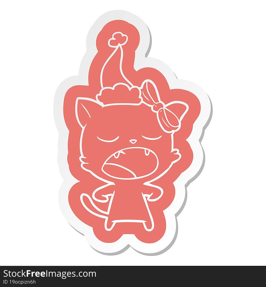 quirky cartoon  sticker of a yawning cat wearing santa hat