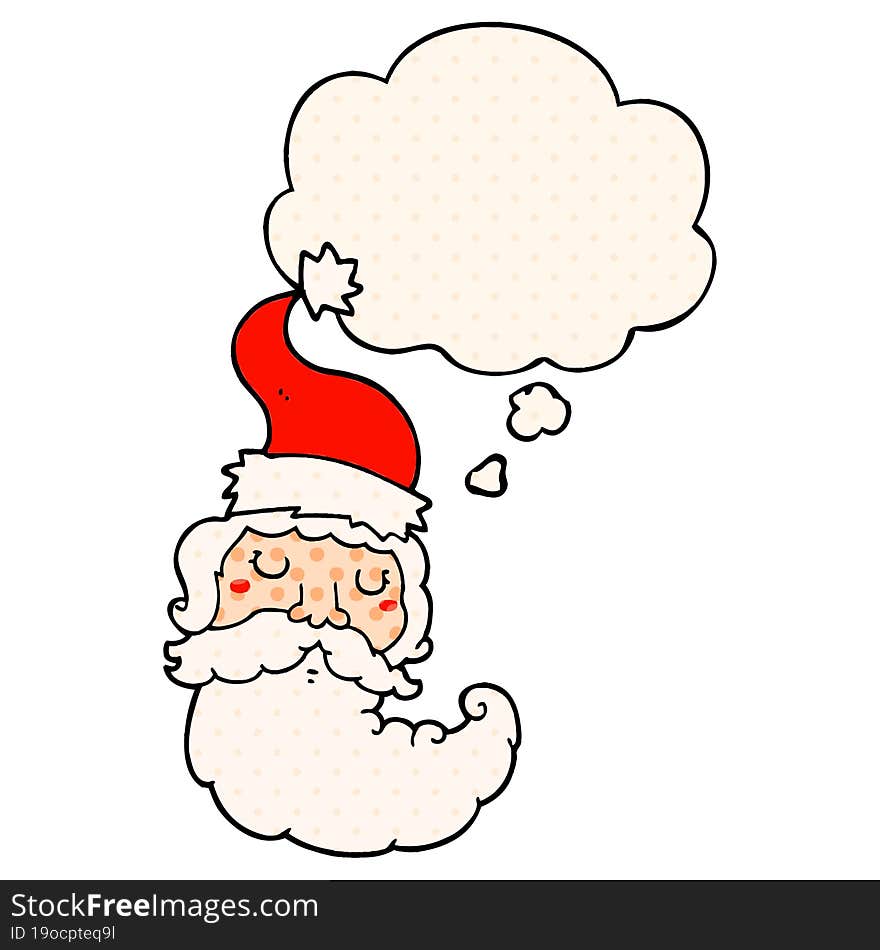 cartoon santa face and thought bubble in comic book style