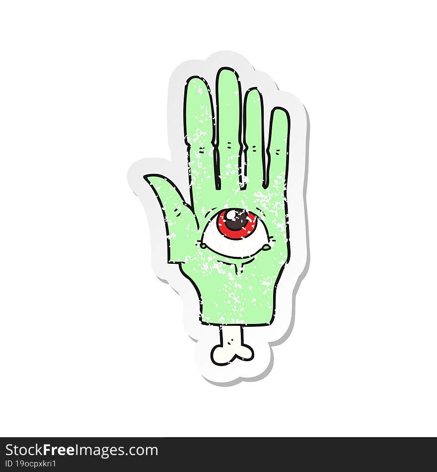 retro distressed sticker of a cartoon spooky eye hand